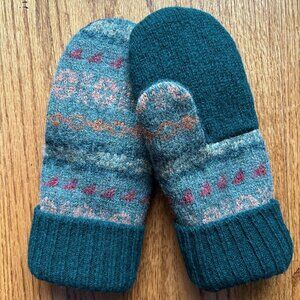 Felted green print wool mittens handcrafted from an LL Bean repurposed sweater.